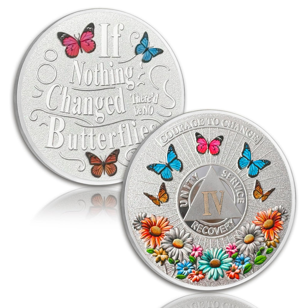 Colorful Sunflower 4 Year Sobriety Coin Butterfly Four Year Sobriety Chip Courage to Change AA Chips and Medallion Silver AA Coin Recovery Anniversary Token Sobriety Gifts for Men Women