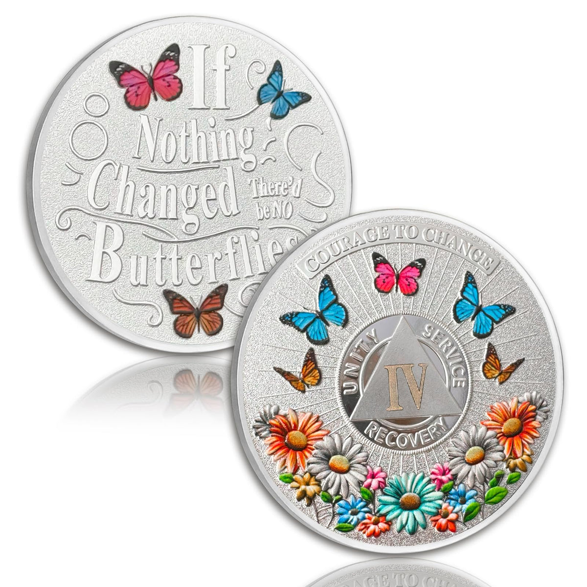 Colorful Sunflower 4 Year Sobriety Coin Butterfly Four Year Sobriety Chip Courage to Change AA Chips and Medallion Silver AA Coin Recovery Anniversary Token Sobriety Gifts for Men Women