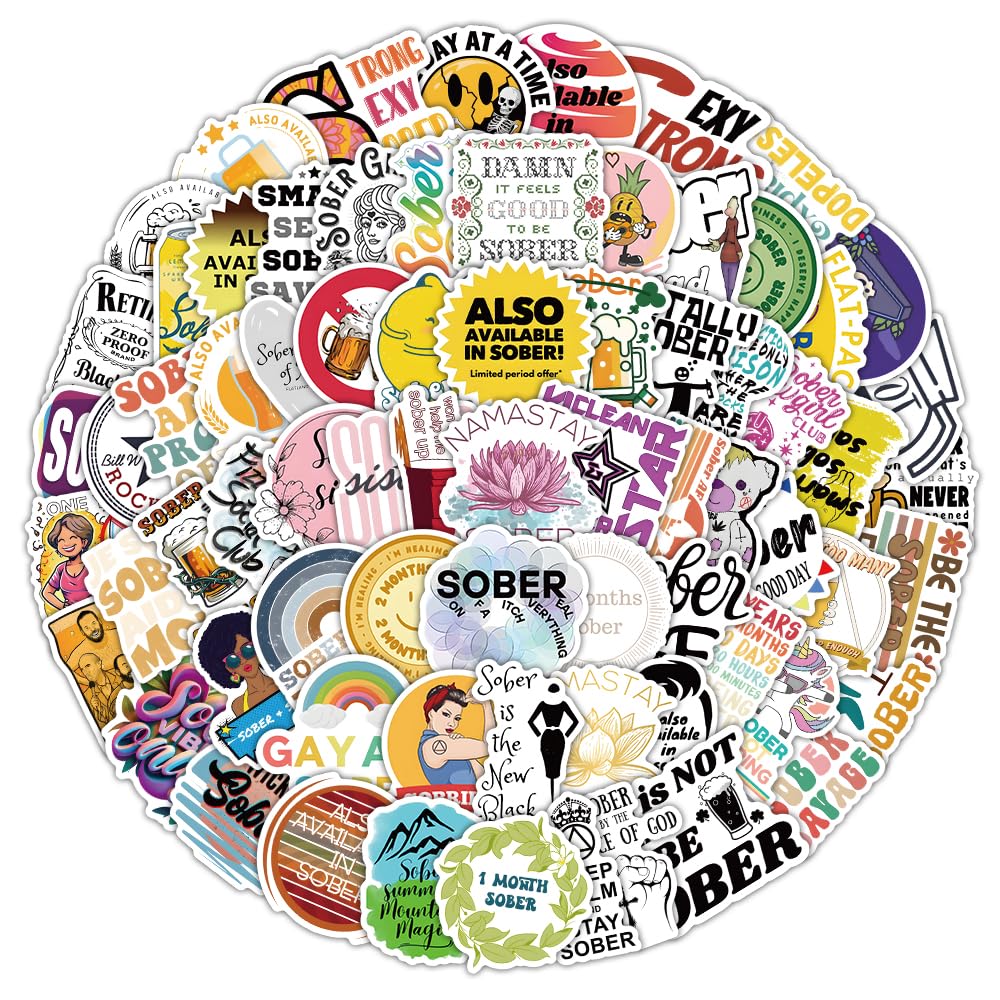 107Pcs Sober Stickers Vinyl Sobriety Stickers Decals for Laptop Water Bottle Bumper Luggage Computer Skateboard Recovery Gifts Birthdays Halloween Christmas Party Supplies Gifts