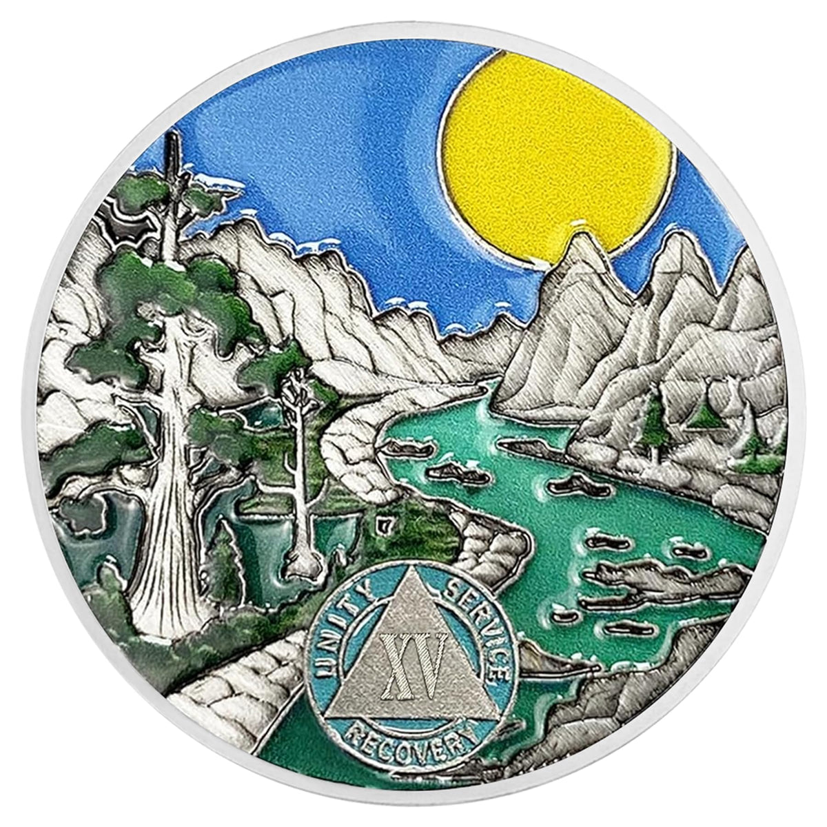 15 Year Sobriety Coin AA Chips and Medallions - Sun Mountain River Scene - 1-20 Year Sober Token Celebrating Sobriety - Alcoholics Anonymous Gifts - Sobriety Gifts for Men Women