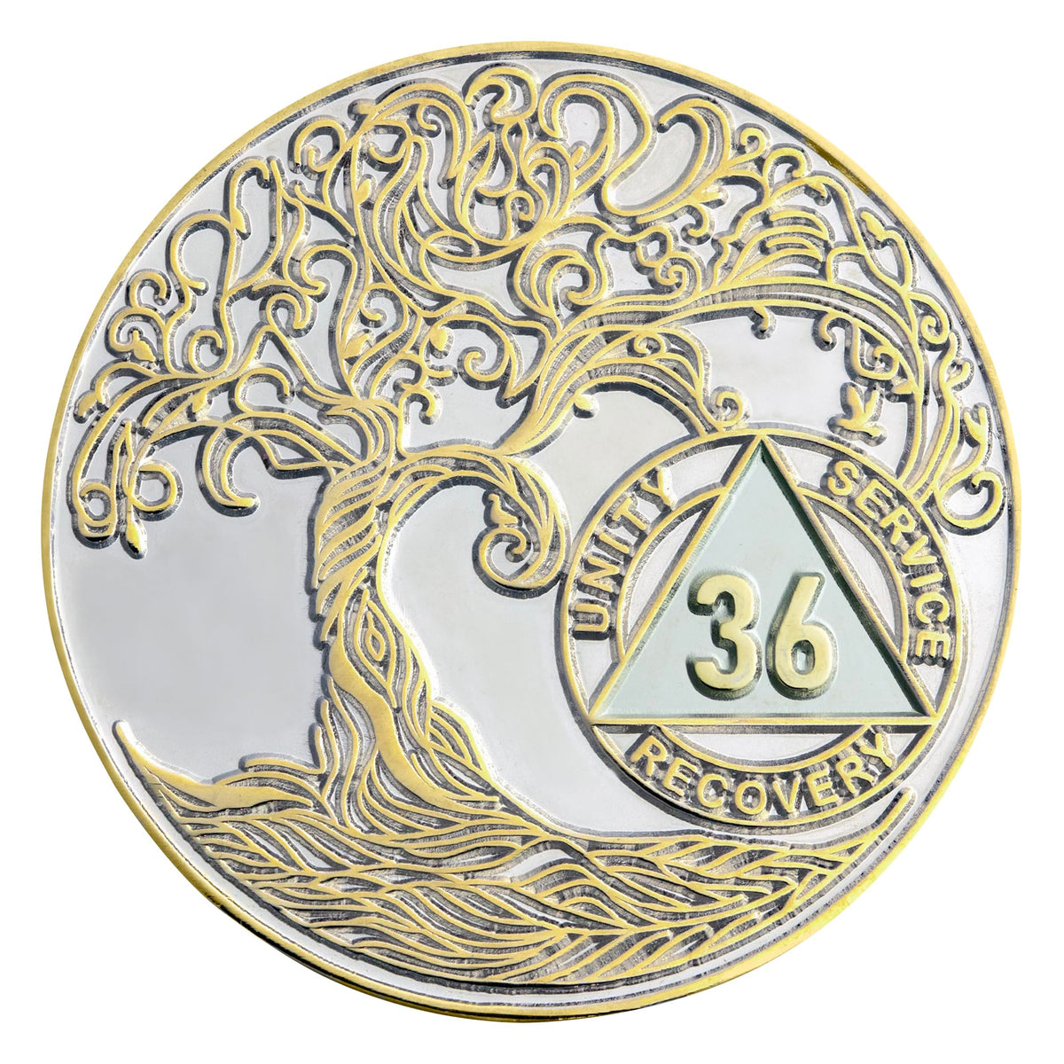 36 Year XL 40mm Nickel & Gold Plated AA Coin - Sobriety Mint Twisted Tree of Life Recovery Medallion/Chip - Silver/Gold