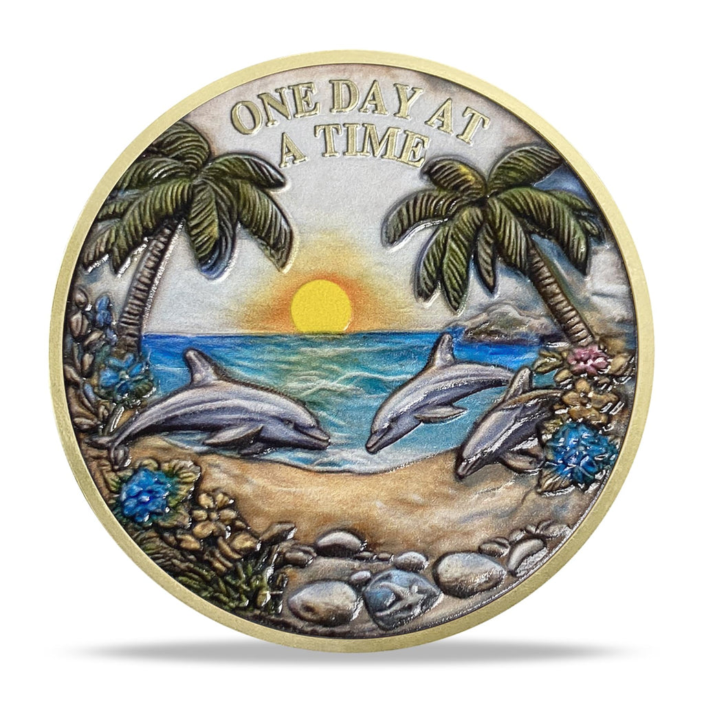 Beach Dolphin Sobriety Coin – "ONE Day at A TIME" AA Coins and Medallions for Alcoholics Anonymous – Recovery Tokens for Milestone Celebrations – Sobriety Gifts for Women & Men