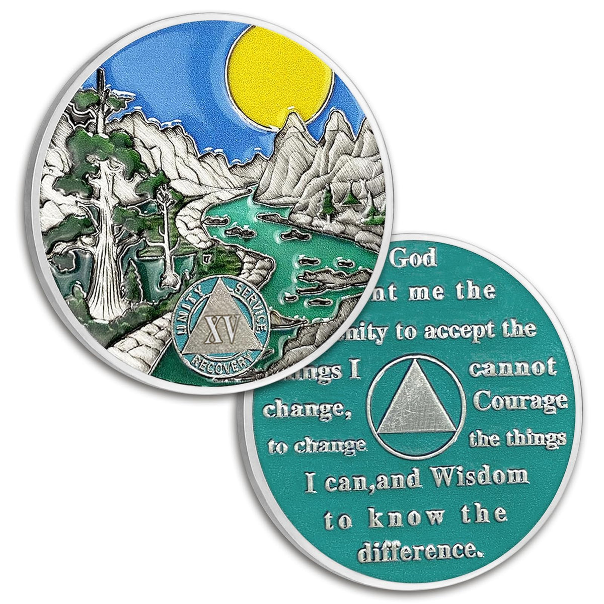 15 Year Sobriety Coin Fifteen Year AA Coin Alcoholics Anonymous Medallion Sun Chip AA Chips and Medallion Sobriety Gifts for Men Women Recovery Gift Anniversary Token Forest River Tree Coin
