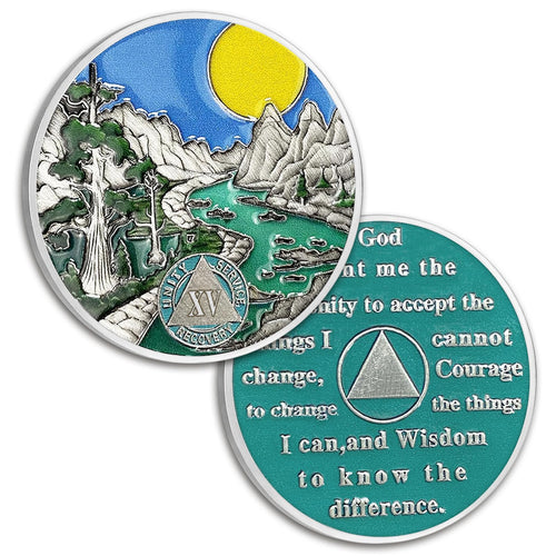 15 Year Sobriety Coin Fifteen Year AA Coin Alcoholics Anonymous Medallion Sun Chip AA Chips and Medallion Sobriety Gifts for Men Women Recovery Gift Anniversary Token Forest River Tree Coin