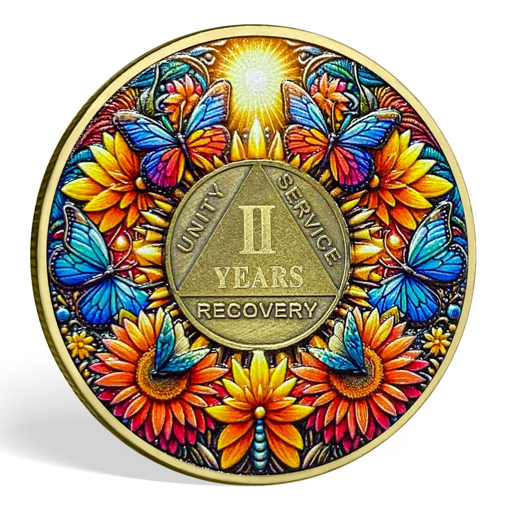 2 Year Sobriety Coin Gifts Set | Sunflower & Butterfly Design AA Chip Medallion with Coin Capsule Display Stand & Card | Sobriety Gifts for Anniversary Month & Year for Men & Women in Recovery