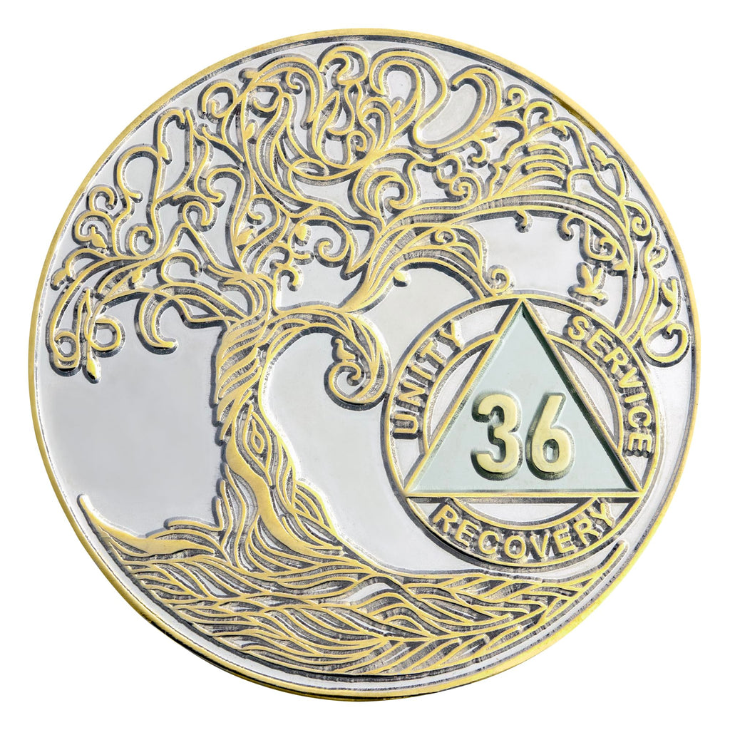 36 Year XL 40mm Nickel & Gold Plated AA Coin - Sobriety Mint Twisted Tree of Life Recovery Medallion/Chip - Silver/Gold