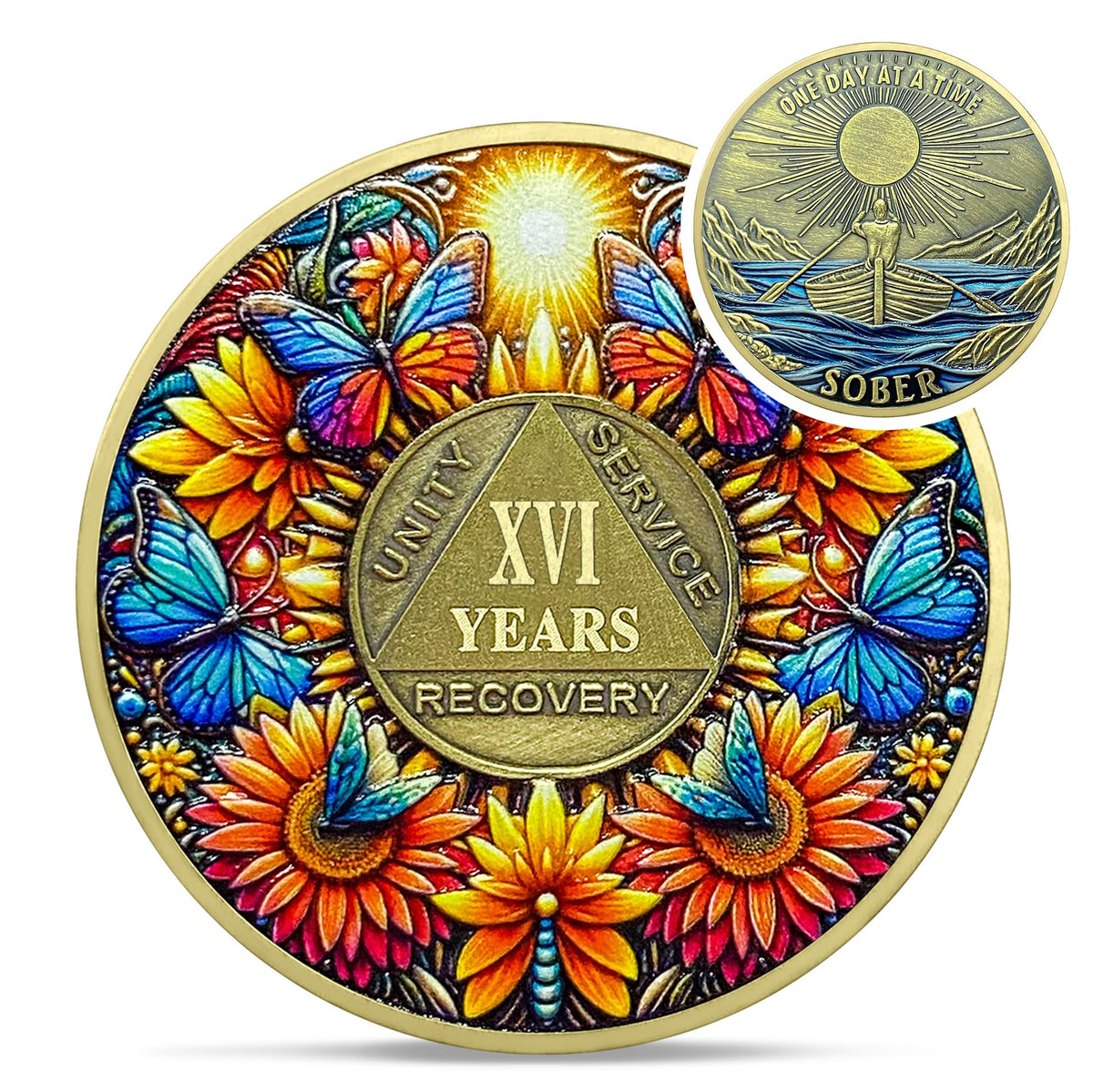Delicate Sunflower 16 Year Sobriety Coin - 16 Year Recovery Butterfly AA Coins - One Day at A Time NA HA AA Chips and Medallions - 1-40 Years Living Clean Alcoholics Anonymous Gifts for Men Women