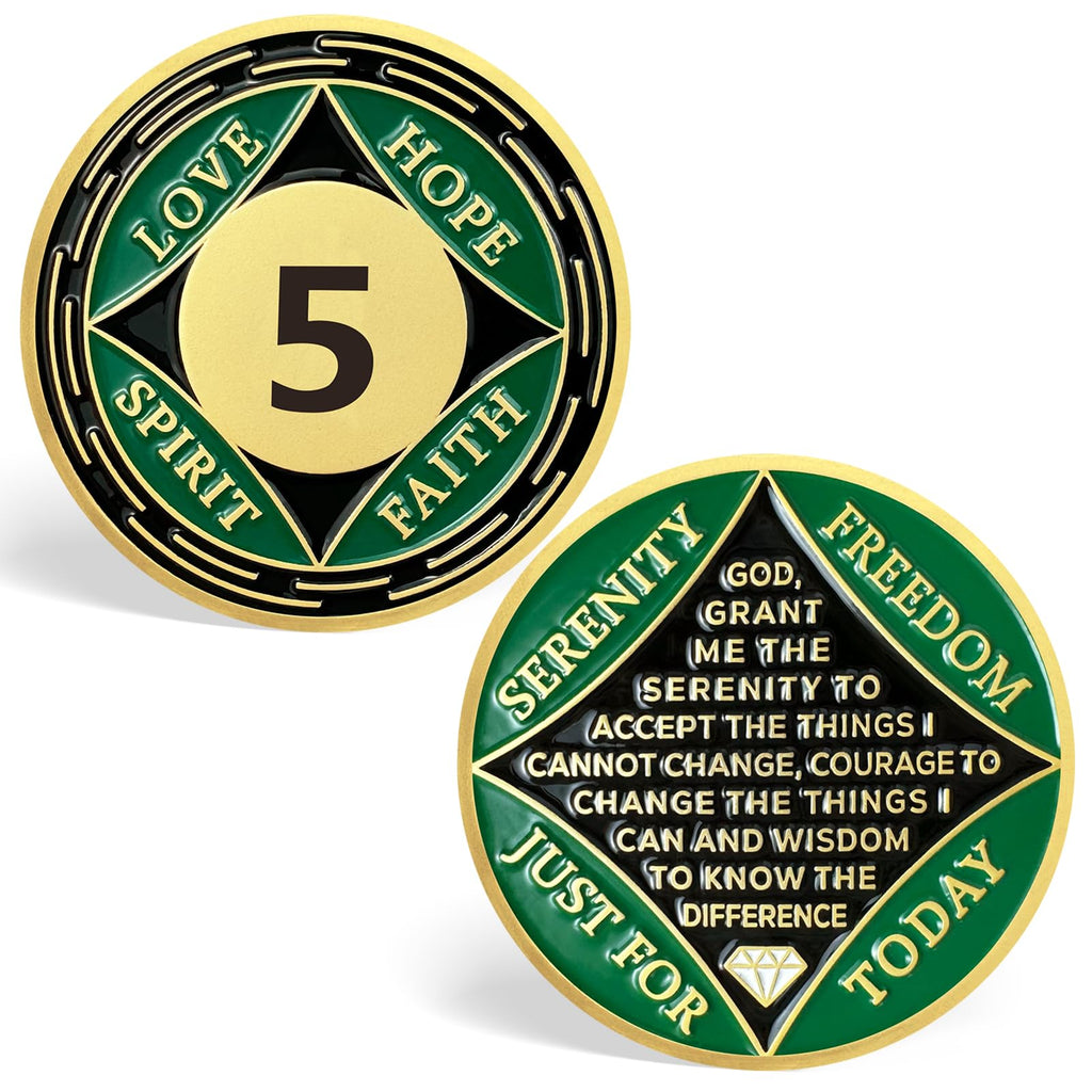 5 Year NA Sobriety Coin Green NA Medallions Sobriety Chips - Love Hope Spirit Faith Addiction Recovery Coins Sober Tokens for Narcotics Anonymous Recovery Sober Gifts