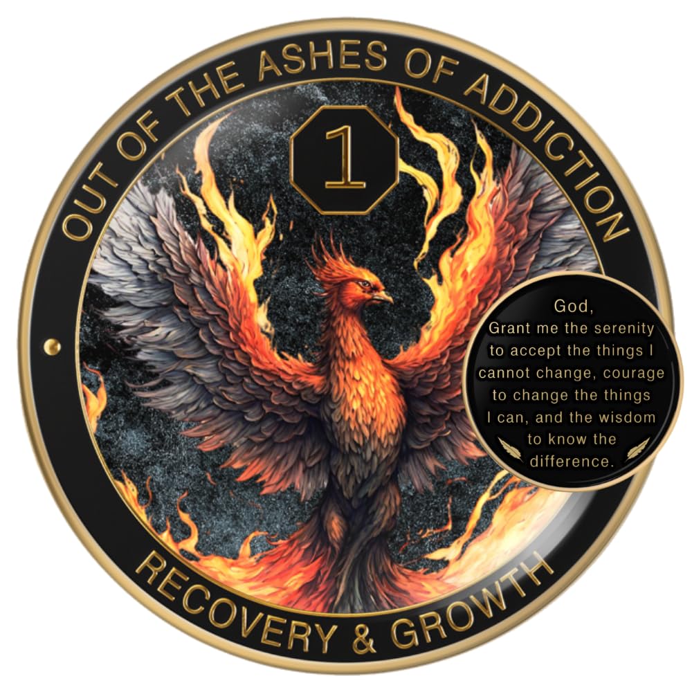 MilestoneMint Phoenix Sobriety Coin | AA Chip Medallion Gift Set with Coin Capsule Display Stand & Card for Sober Men & Women in Recovery | Sobriety Gifts for Anniversary Month & Year (1 Year)