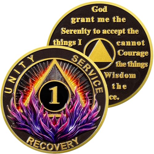 1 Year Sobriety Coin | Purple Flame Triangle Alcoholics Anonymous Coins AA Sobriety Gifts for Men & Women | Celebratory Living Clean AA Coin for Annual Sober Chip Anniversary | AA Chips ＆ AA Medallion