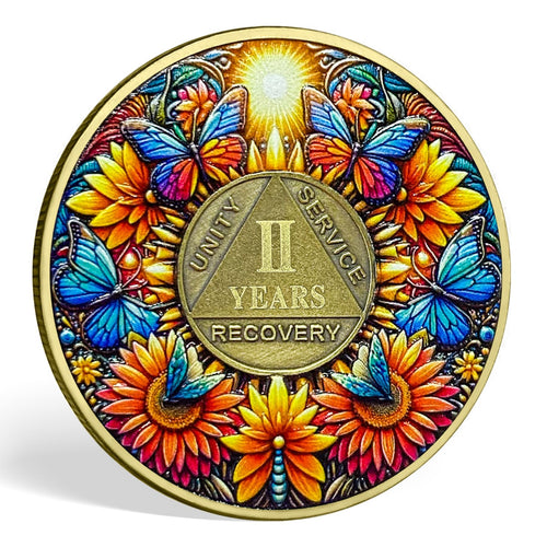 2 Year Sobriety Coin Gifts Set | Sunflower & Butterfly Design AA Chip Medallion with Coin Capsule Display Stand & Card | Sobriety Gifts for Anniversary Month & Year for Men & Women in Recovery