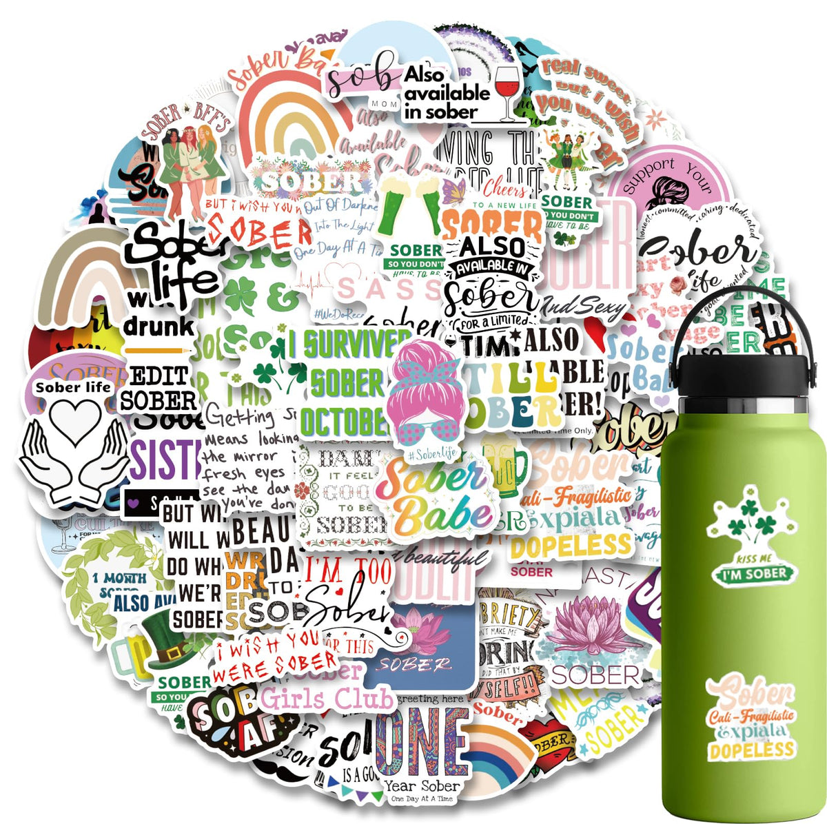 100Pcs Sober Stickers Vinyl Sobriety Stickers Decals for Laptop Water Bottle Bumper Luggage Computer Skateboard Snowboard. Gift for Kids Girls Teens