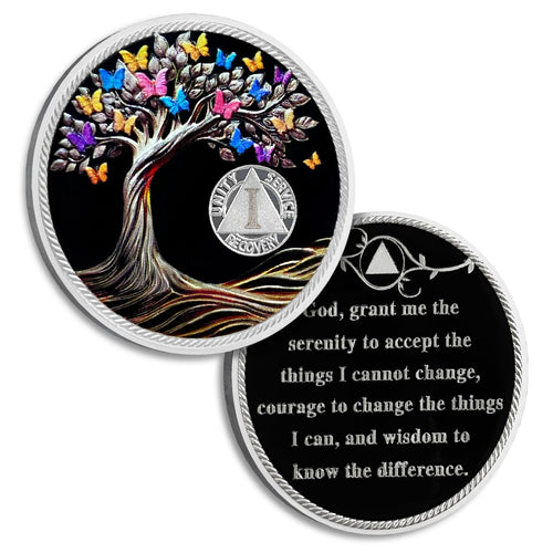 1 Year Sobriety Coin Butterfly Tree of Life AA Chips and Medallions Sobriety Recovery Chip Sober Token Sobriety Gifts for Men Women Celebrating Alcoholics Anonymous Recovery