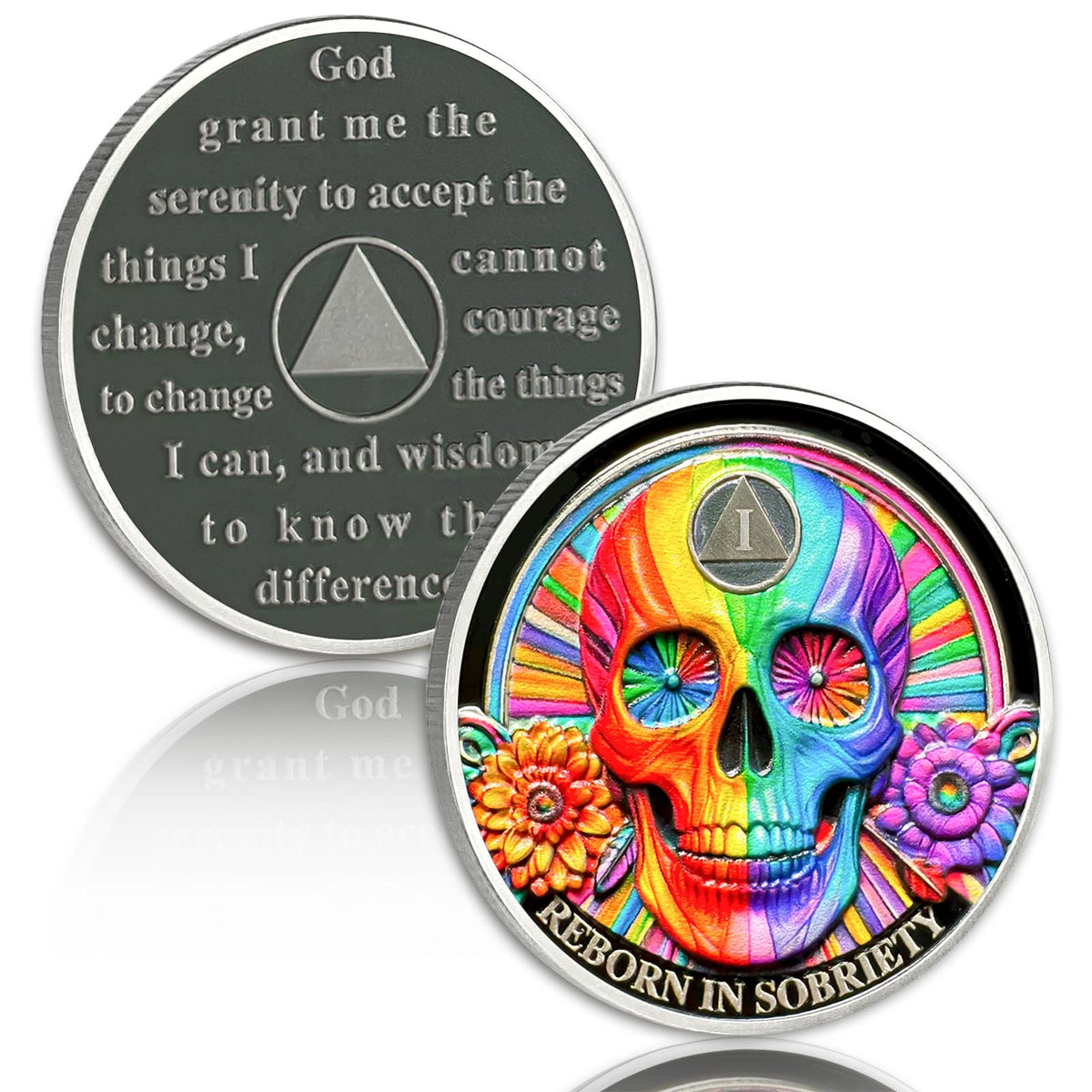 Rainbow Skull 1 Year Sobriety Coin Double Flower One Year Sobriety Chip AA Chips and Medallion AA Coin Serenity Prayer Coin Recovery Chip Sobriety Token Sobriety Gifts for Men Women